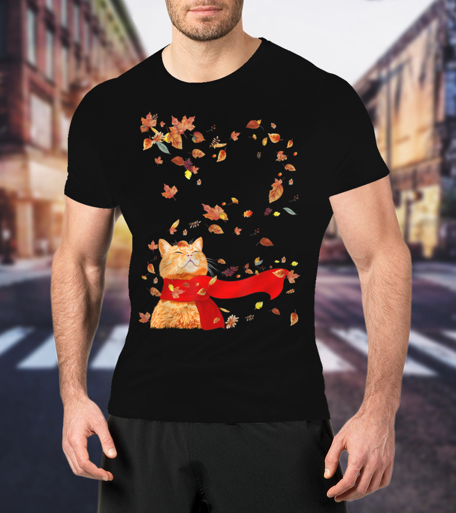 Hello Autumn Maple Leaf Fall Funny Cat Kitten Lover T-Shirt