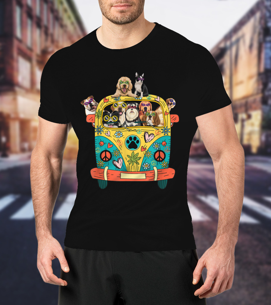 Peace Love Dogs Hippie Van With Sunglasses And Tropical Flowers T-Shirt