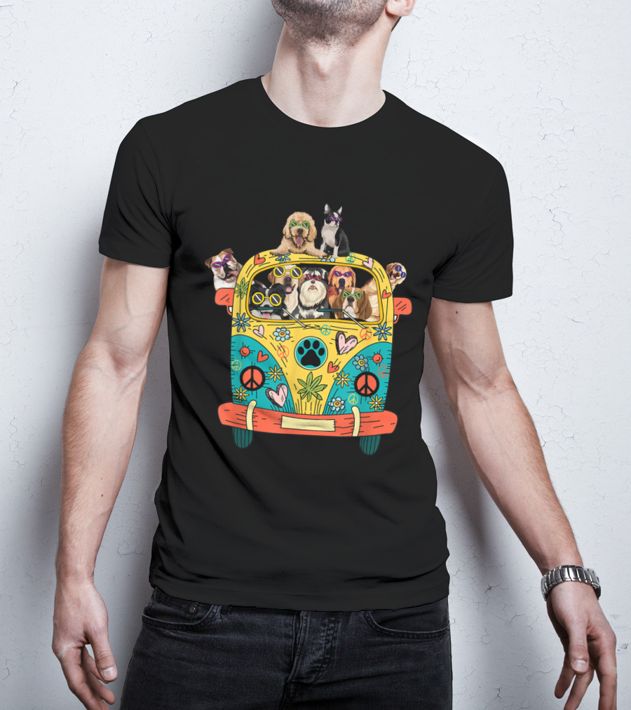 Peace Love Dogs Hippie Van With Sunglasses And Tropical Flowers T-Shirt