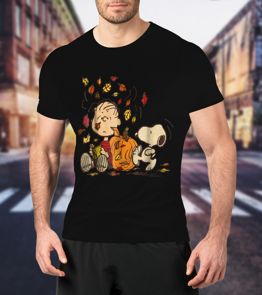 Peanuts Snoopy Linus With Pumpkin And Falling Leaves T-Shirt
