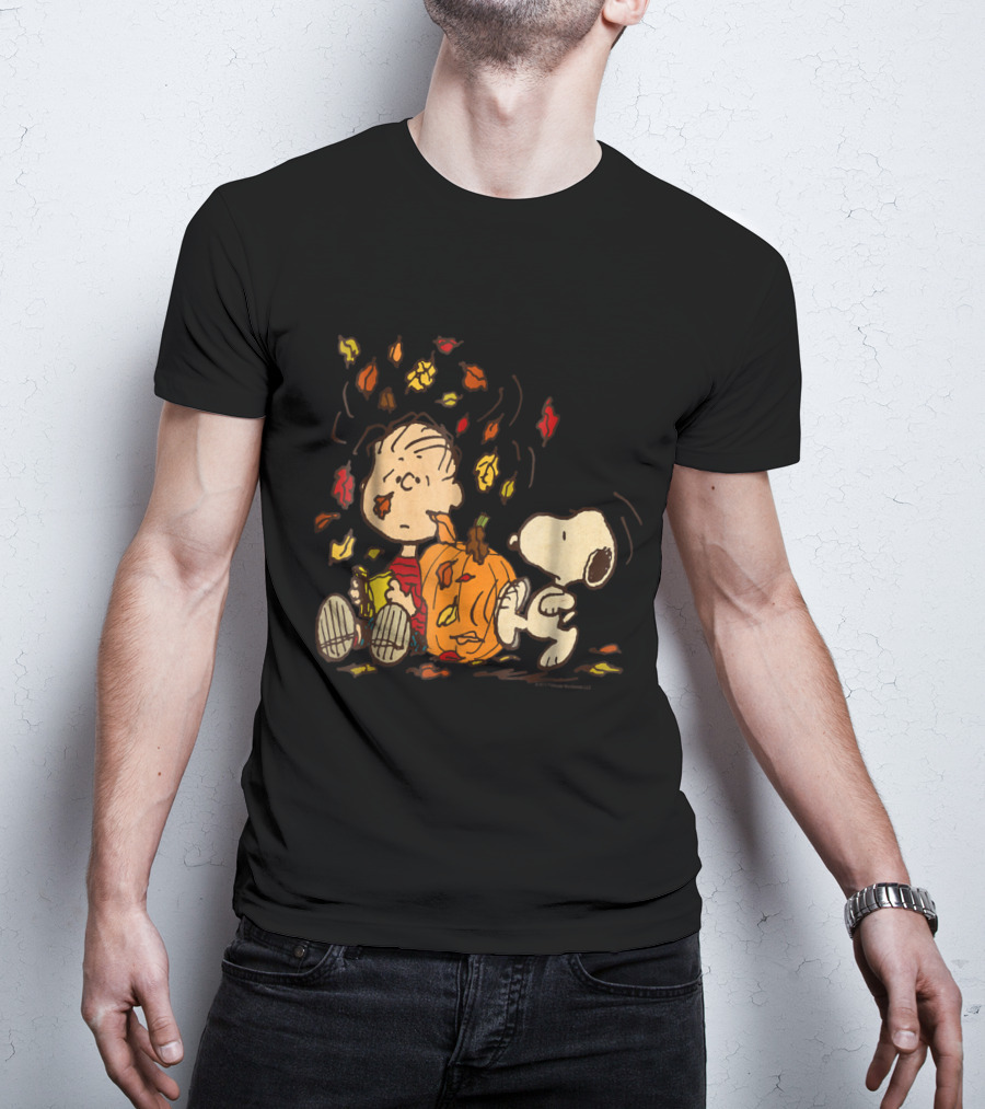 Peanuts Snoopy Linus With Pumpkin And Falling Leaves T-Shirt