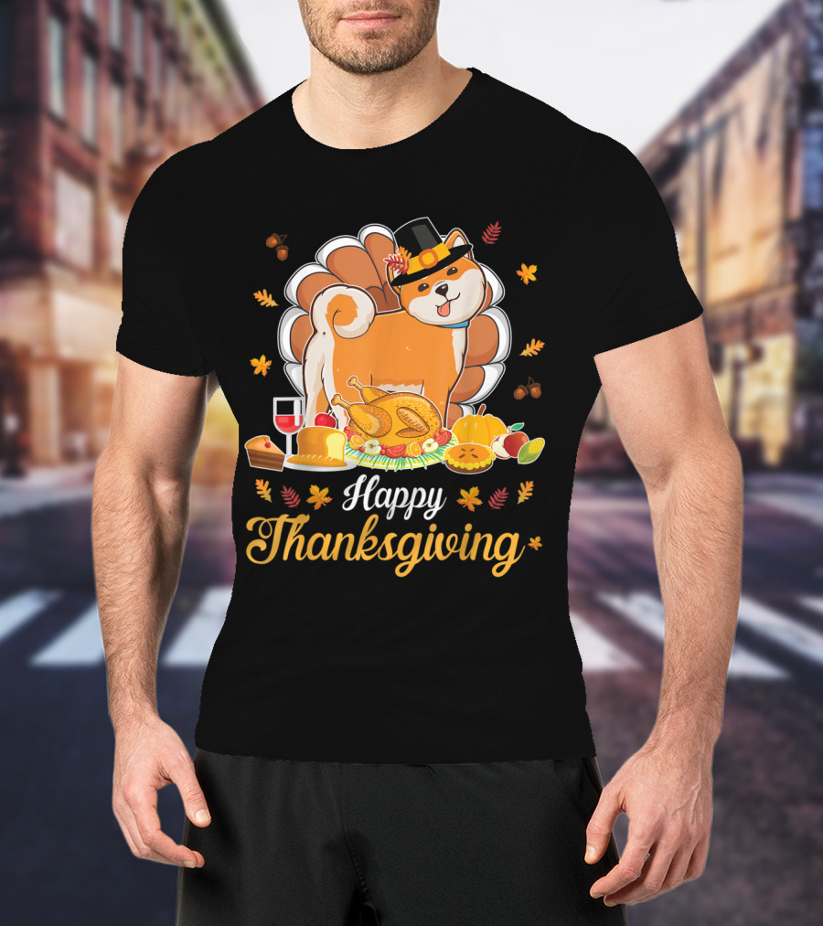 Happy Thanksgiving Shiba Inu Dog With Turkey Dish And Wine T-Shirt