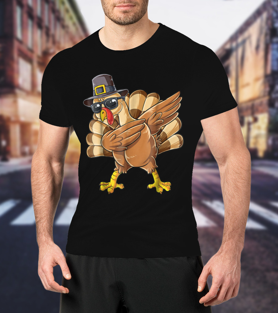 Thanksgiving Dabbing Turkey Pilgrim Hat Sunglasses Boys Day T-Shirt