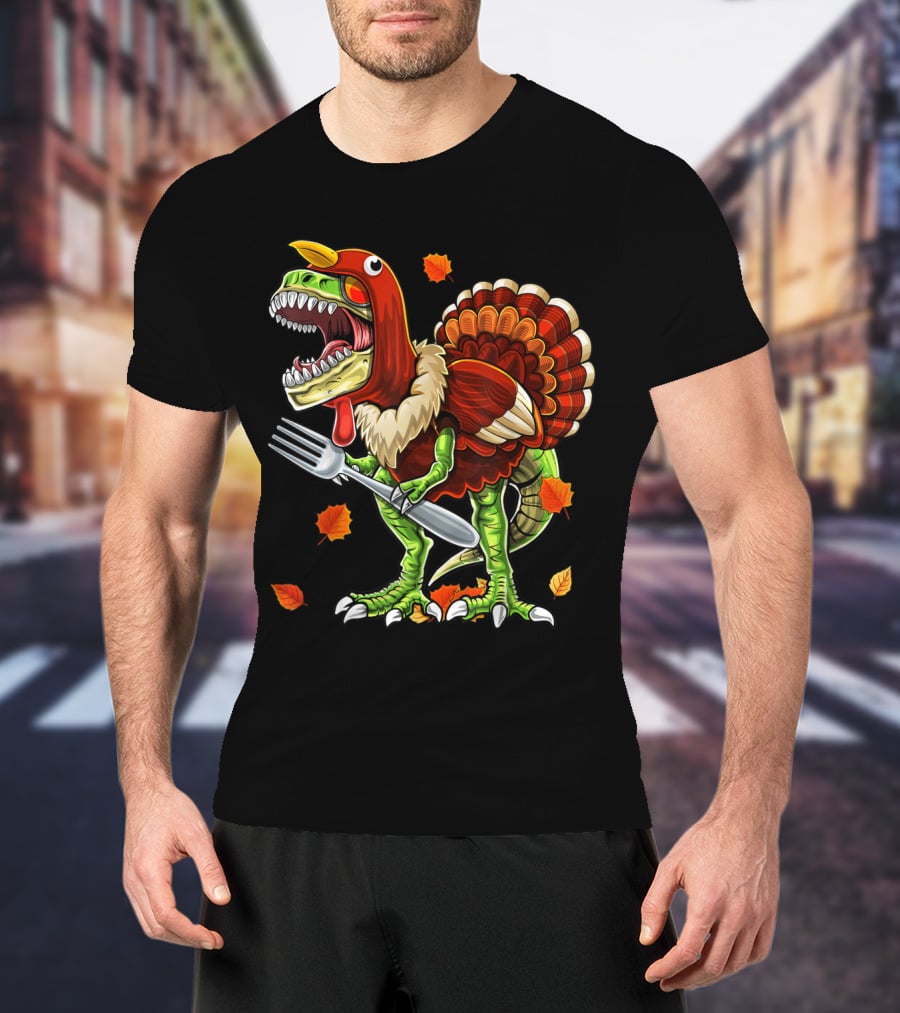Thanksgiving Rex Dinosaur Turkey With Fork And Autumn Leaves T-Shirt