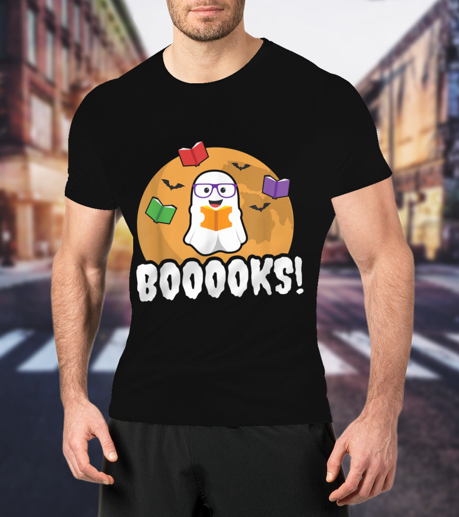 Booooks Ghost Boo Read Books Library Halloween Theme With Flying Bats And Moon T-Shirt