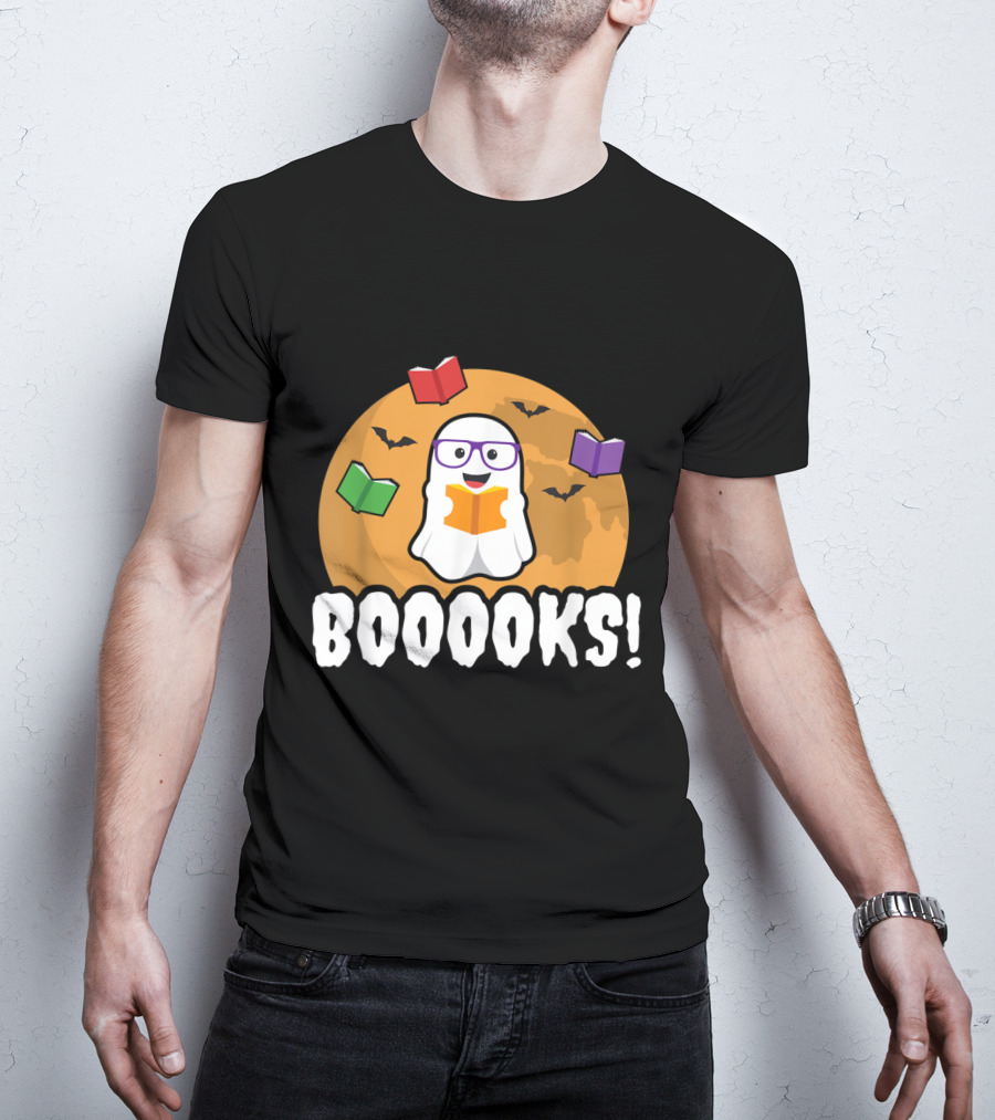 Booooks Ghost Boo Read Books Library Halloween Theme With Flying Bats And Moon T-Shirt