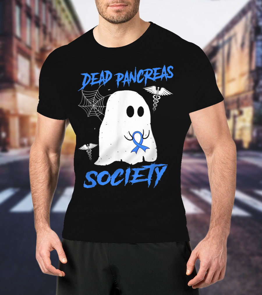 Dead Pancreas Society Diabetes Awareness Halloween Ghost With Blue Ribbon And Caduceus T-Shirt