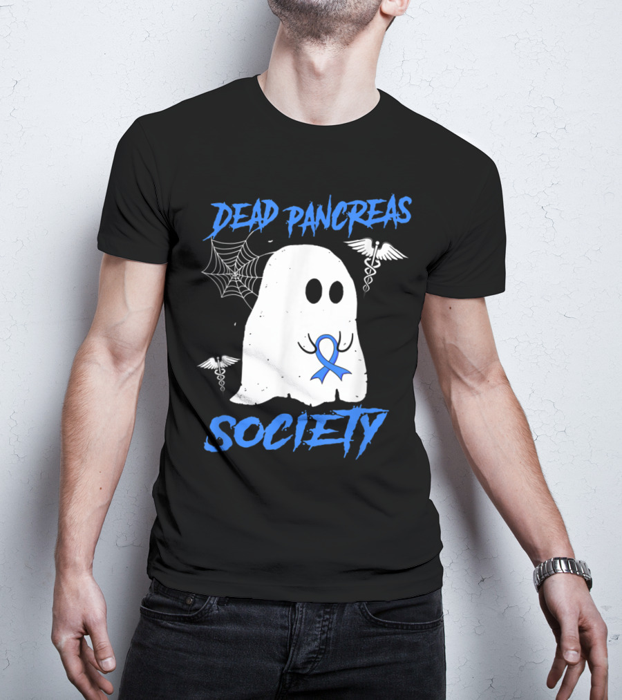 Dead Pancreas Society Diabetes Awareness Halloween Ghost With Blue Ribbon And Caduceus T-Shirt