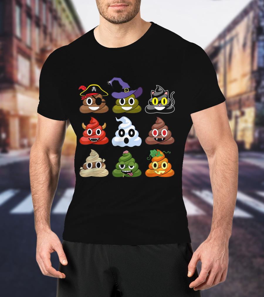 Halloween Pirate Witch Cat Devil Ghost Mummy Zombie Pumpkin Poop Emojis T-Shirt