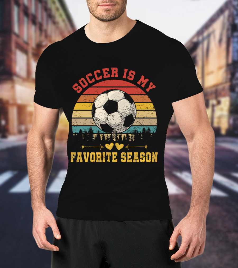 Soccer Is My Favorite Season Vintage Sunset Forest Soccer Ball T-Shirt