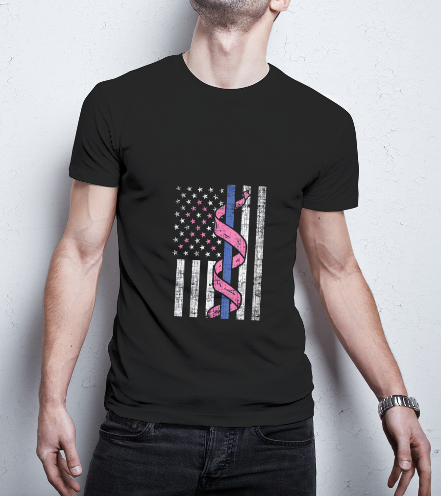 Blue Line American Flag Pink Ribbon Breast Cancer Awareness T-Shirt