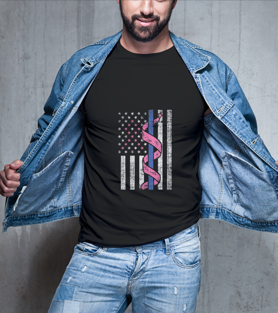 Blue Line American Flag Pink Ribbon Breast Cancer Awareness T-Shirt