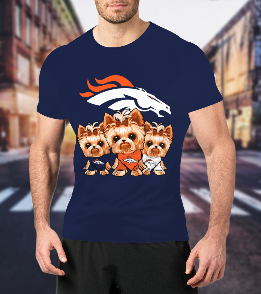 Denver Broncos Yorkies With Team Logo And Three Adorable Dogs In Jerseys T-Shirt