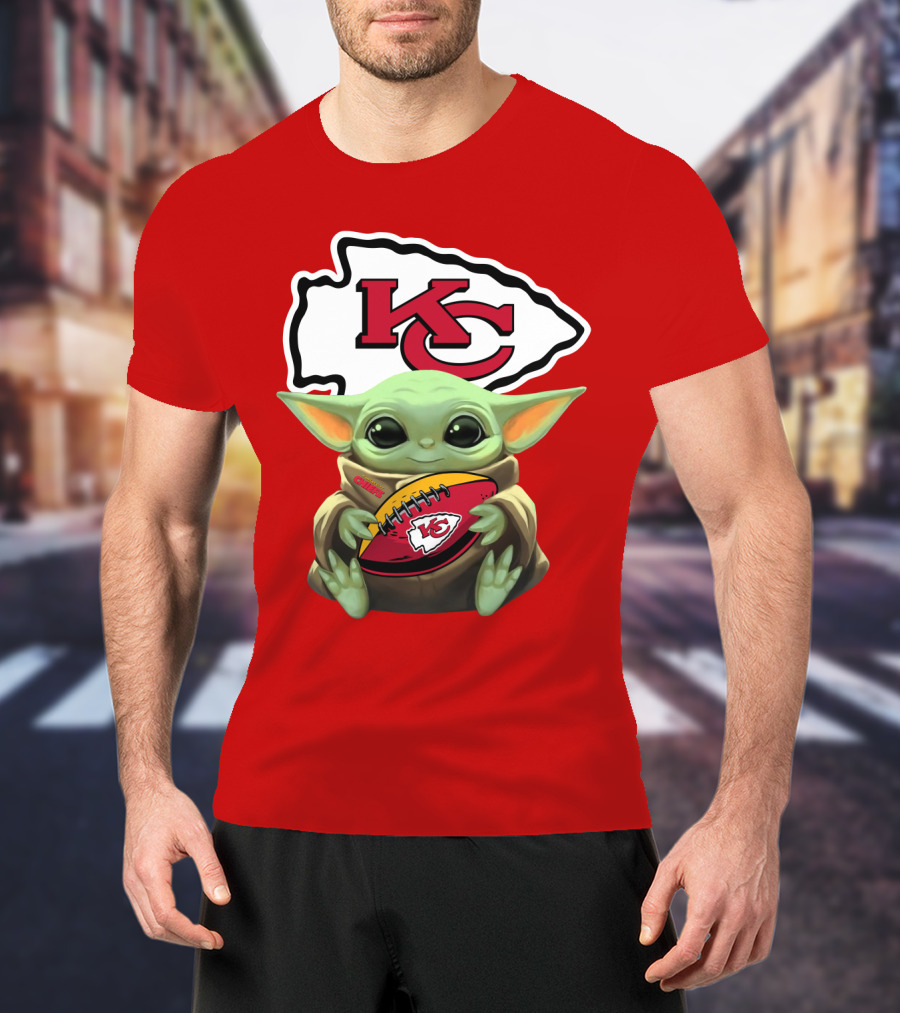 Baby Yoda Holds Kansas City Chiefs Football T-Shirt