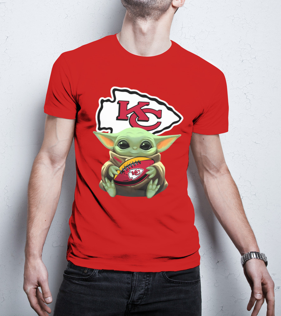 Baby Yoda Holds Kansas City Chiefs Football T-Shirt