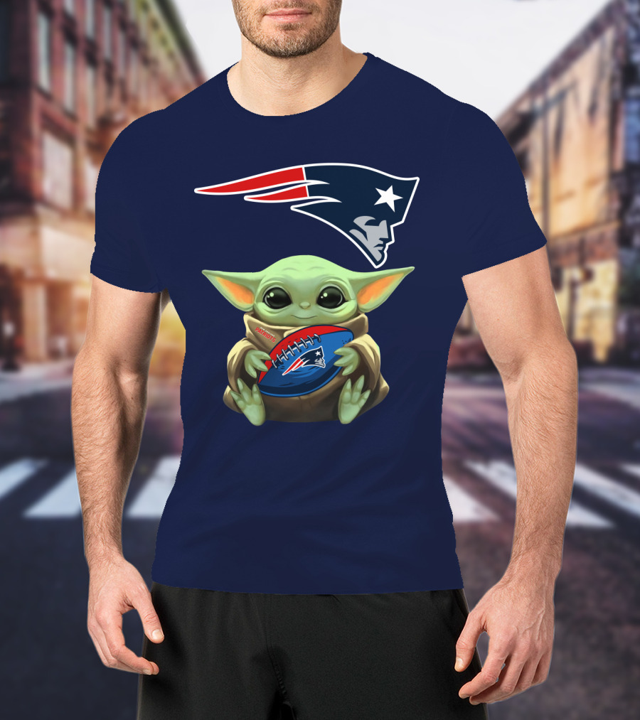 Baby Yoda Holding New England Patriots Football Under Patriots T-Shirt