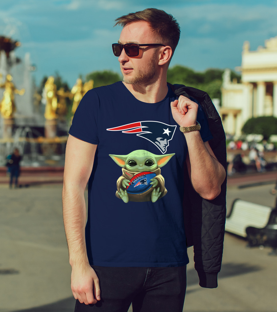 Baby Yoda Holding New England Patriots Football Under Patriots T-Shirt