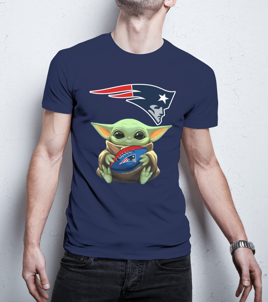 Baby Yoda Holding New England Patriots Football Under Patriots T-Shirt