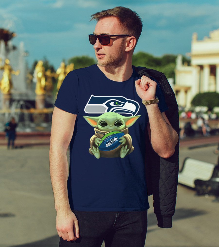 Baby Yoda Holding Seattle Seahawks Football Nfl T-Shirt