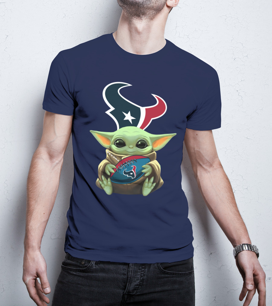 Baby Yoda Holding Houston Texans Football T-Shirt