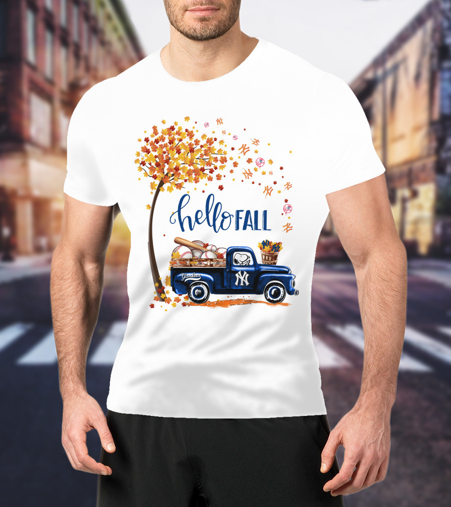 Hello Fall New York Yankees Autumn Truck Baseball Scene T-Shirt