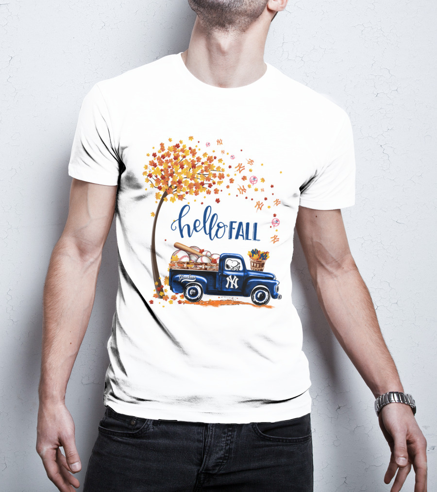 Hello Fall New York Yankees Autumn Truck Baseball Scene T-Shirt
