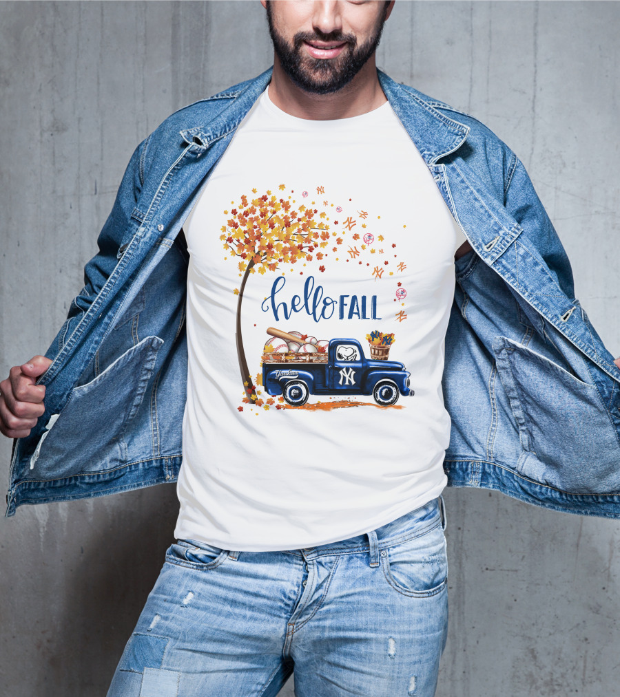Hello Fall New York Yankees Autumn Truck Baseball Scene T-Shirt