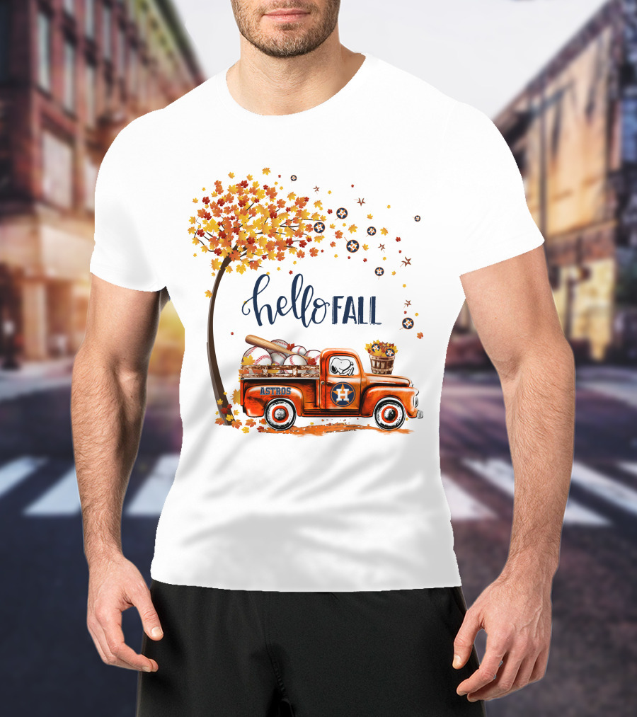 Hello Fall Astros Truck With Baseballs And Autumn Leaves T-Shirt