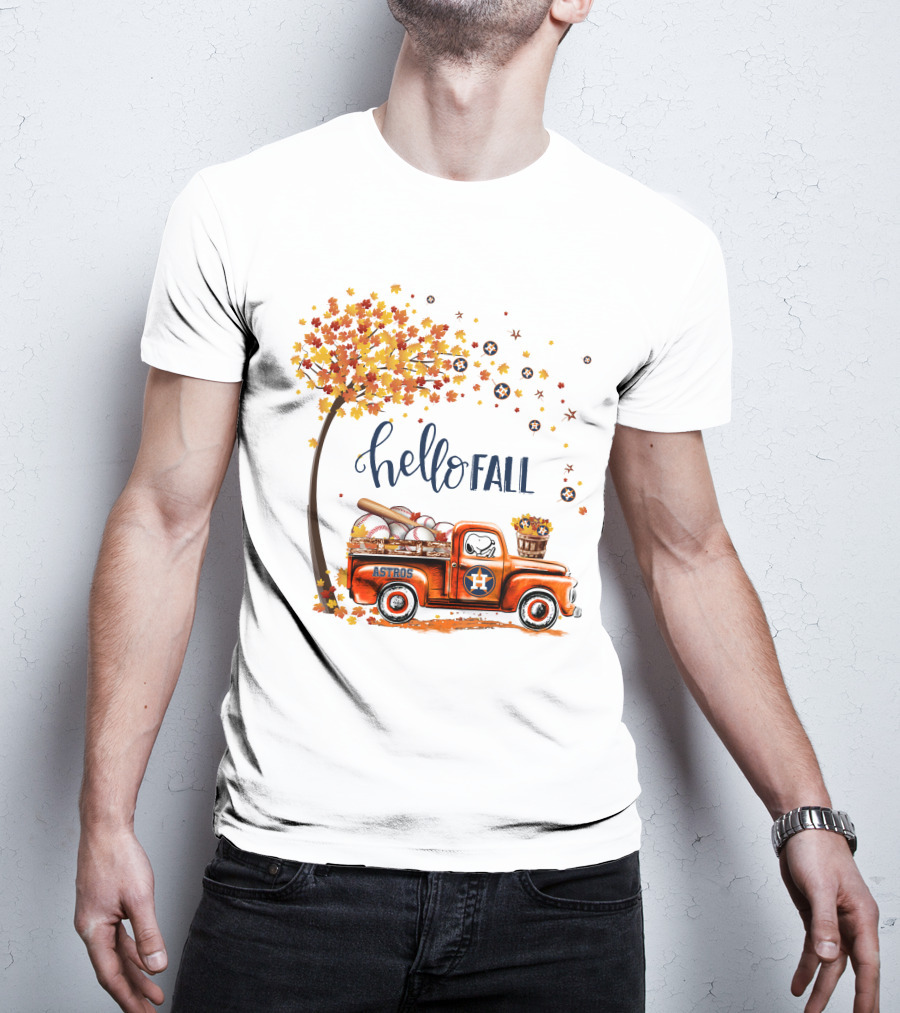 Hello Fall Astros Truck With Baseballs And Autumn Leaves T-Shirt
