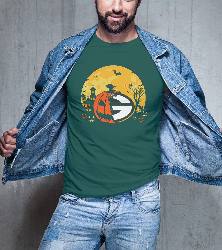 Halloween Green Bay Packers Pumpkin Moon Night Scene T-Shirt