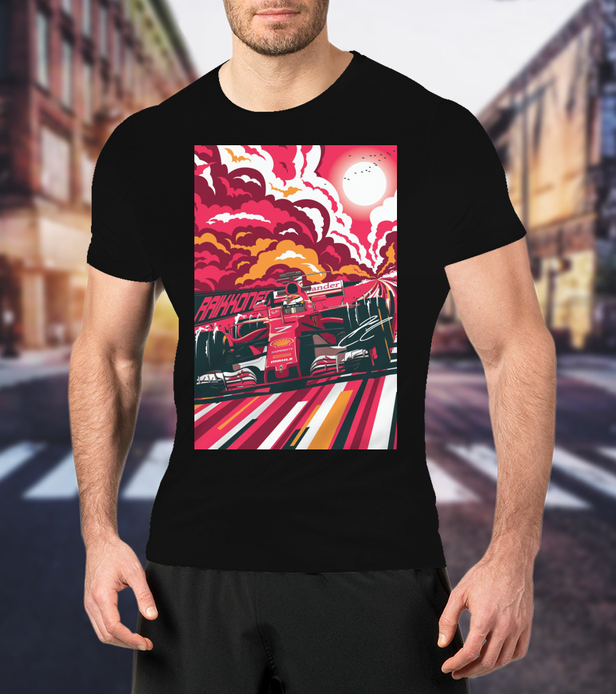 Raikkonen Formula 1 Racing Ferrari F1 Car Sunset Scene T-Shirt