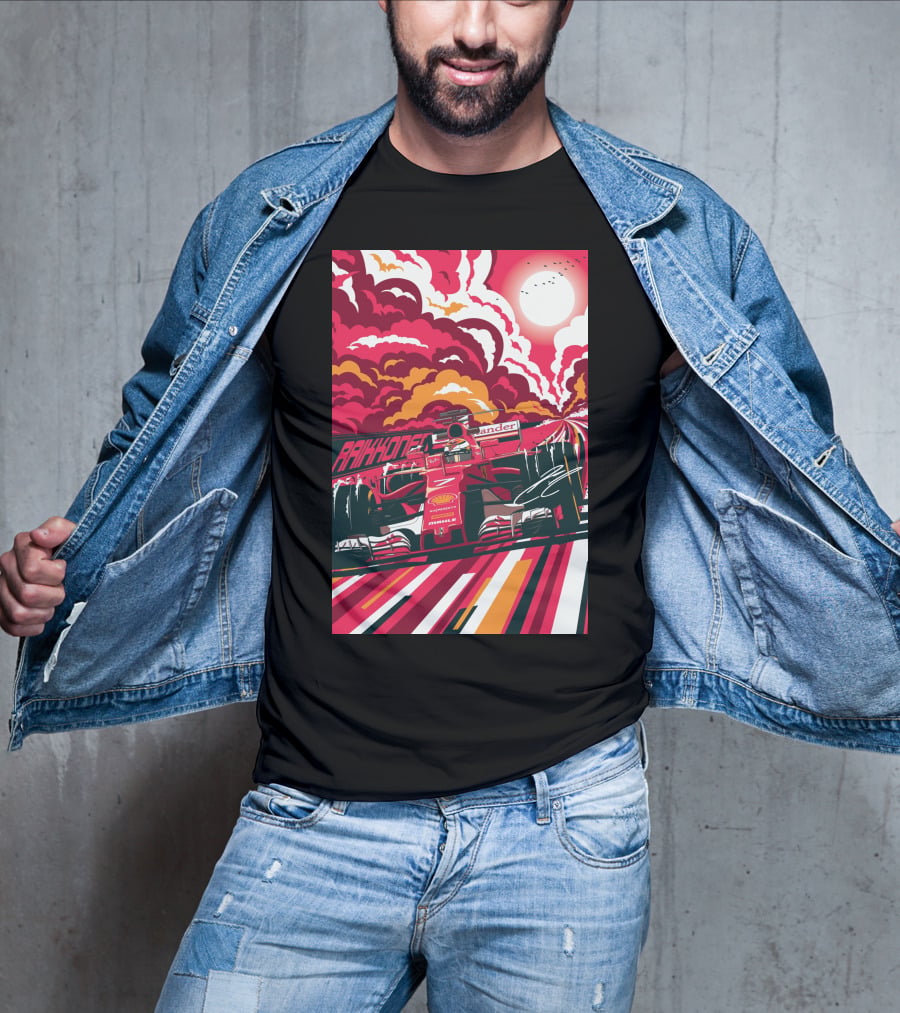 Raikkonen Formula 1 Racing Ferrari F1 Car Sunset Scene T-Shirt