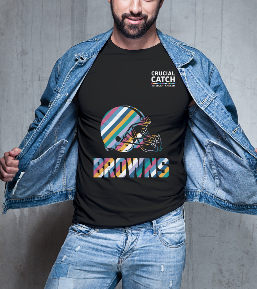 Browns Crucial Catch Intercept Cancer Helmet Stripes T-Shirt
