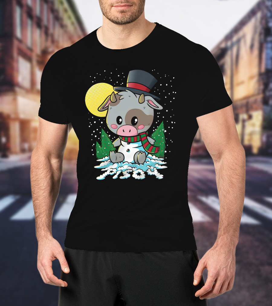 Piso4 Cute Cow In Snow With Top Hat And Scarf Winter Scene T-Shirt