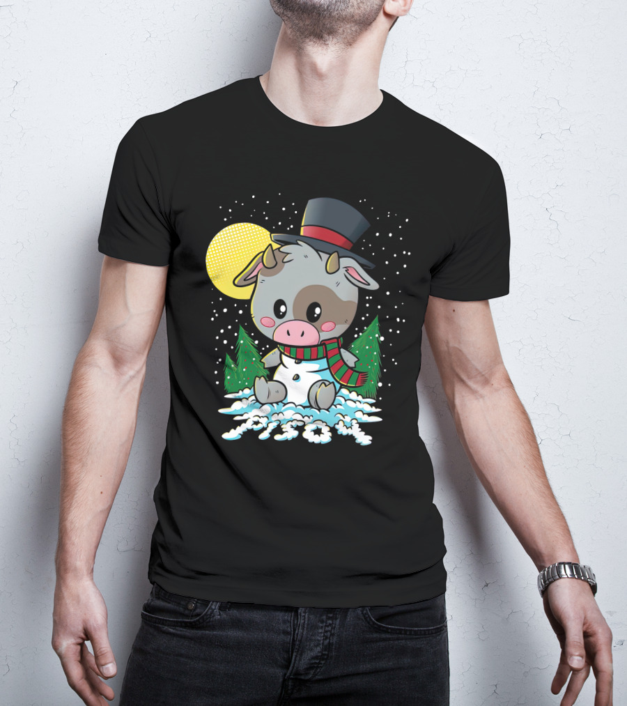 Piso4 Cute Cow In Snow With Top Hat And Scarf Winter Scene T-Shirt