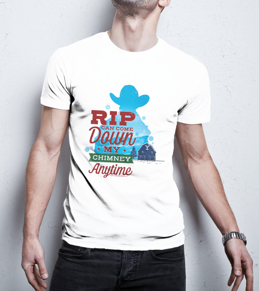 Rip Can Come Down My Chimney Anytime Blue Cowboy Silhouette Snowflakes Barn T-Shirt