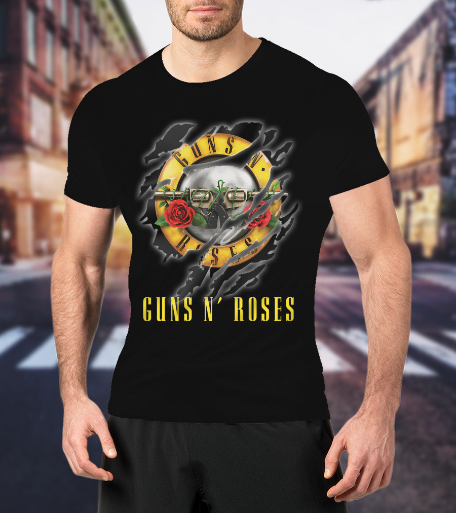 Guns N' Roses Logo With Pistols And Red Roses On Black T-Shirt