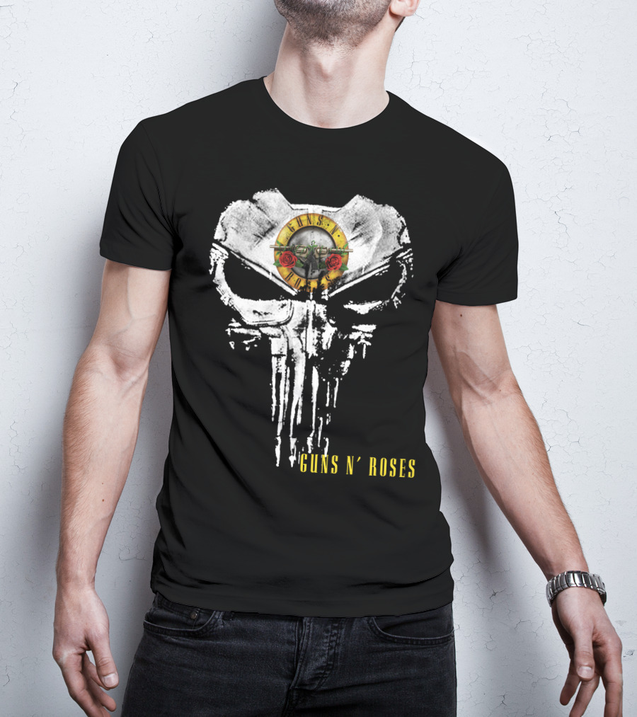 Guns N' Roses Punisher Skull Icon With Revolvers And Red Roses T-Shirt