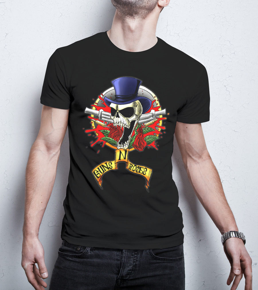 Guns N' Roses Skull With Top Hat Crossed Pistols And Red Roses T-Shirt