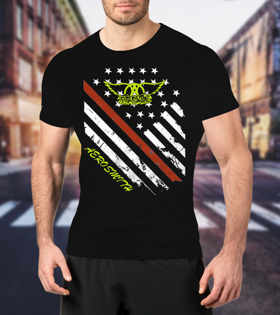 Aerosmith Logo With American Flag And Guitar Stripe T-Shirt