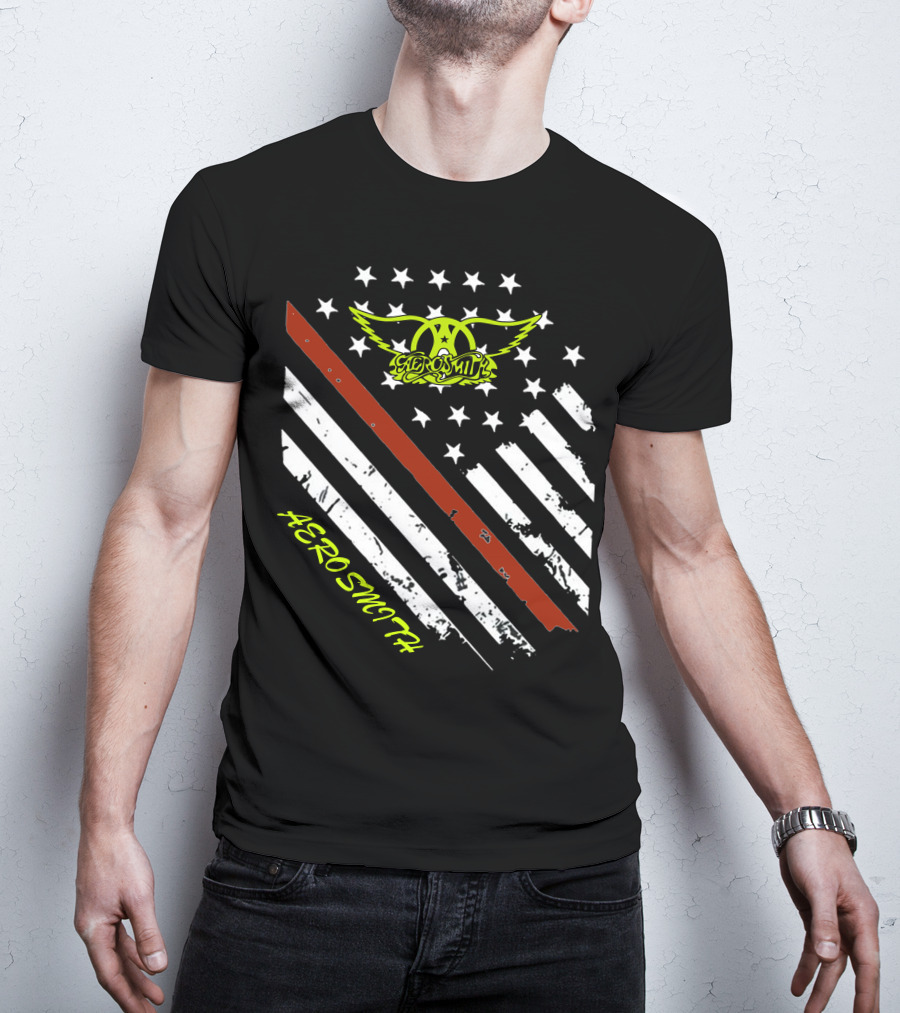 Aerosmith Logo With American Flag And Guitar Stripe T-Shirt