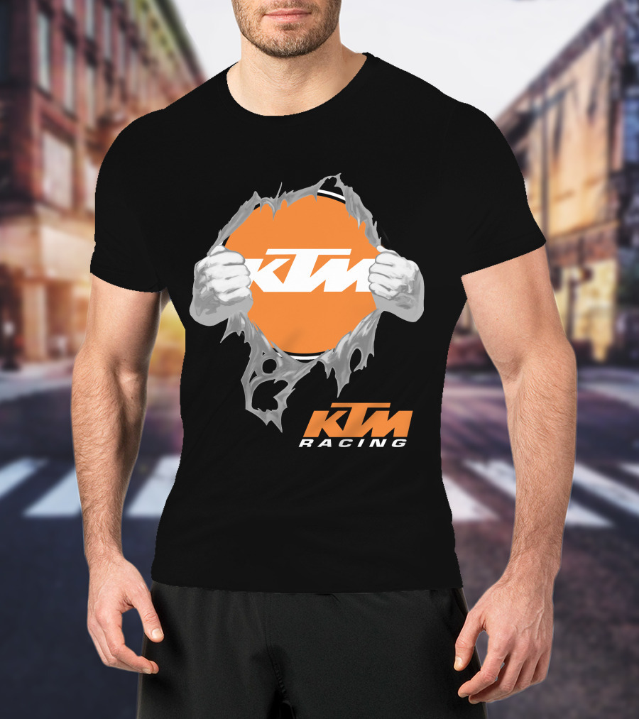 Ktm Racing Logo With Hands Ripping Through Orange T-Shirt