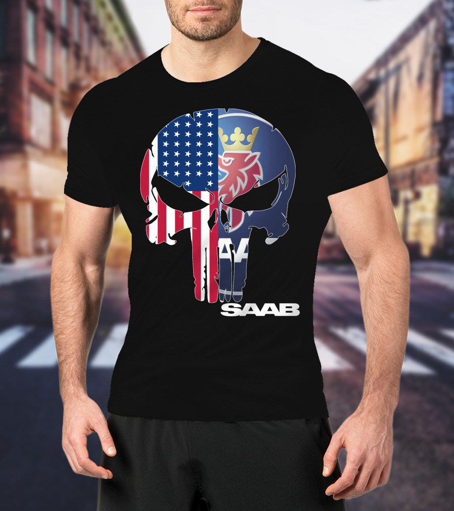 Saab American Flag Punisher Skull T-Shirt