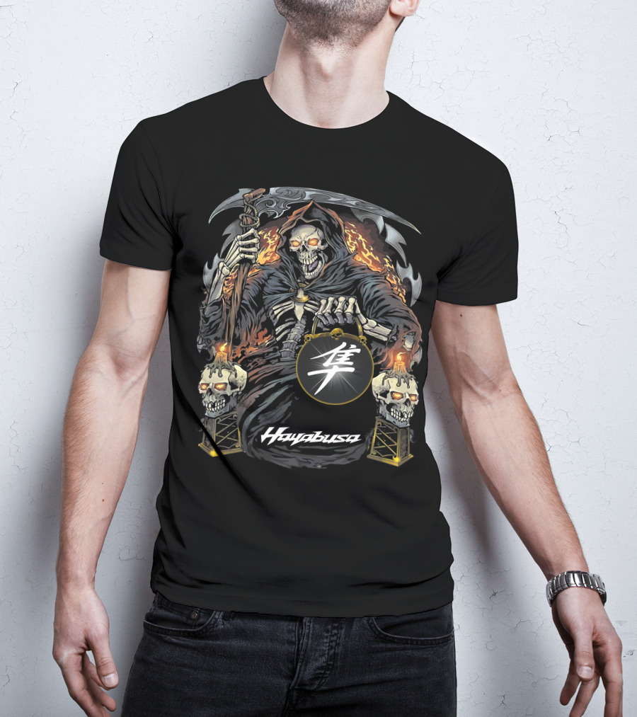 Hayabusa Grim Reaper With Fiery Skulls And Kanji Symbol T-Shirt
