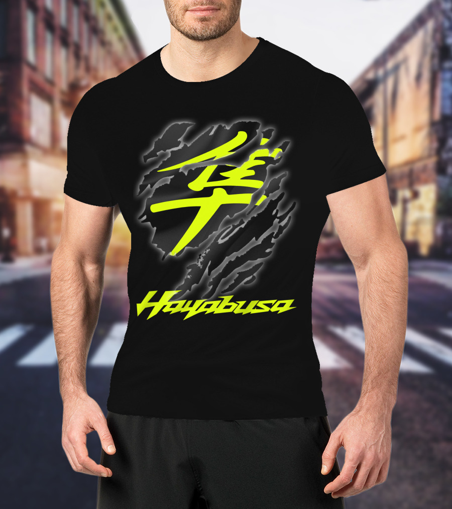 Hayabusa 07 Yellow Kanji Torn Black T-Shirt