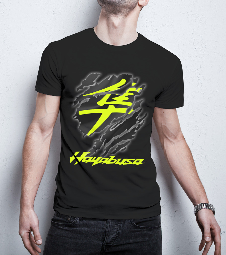 Hayabusa 07 Yellow Kanji Torn Black T-Shirt