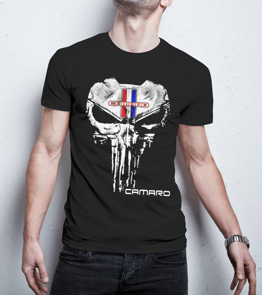 Camaro Punisher Skull Logo Red Blue Black T-Shirt