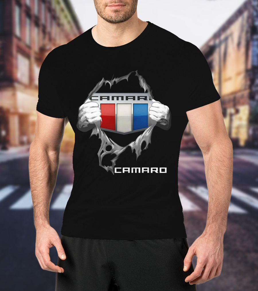 Camaro Emblem With Red White Blue Stripes And Ripped Skin Effect T-Shirt
