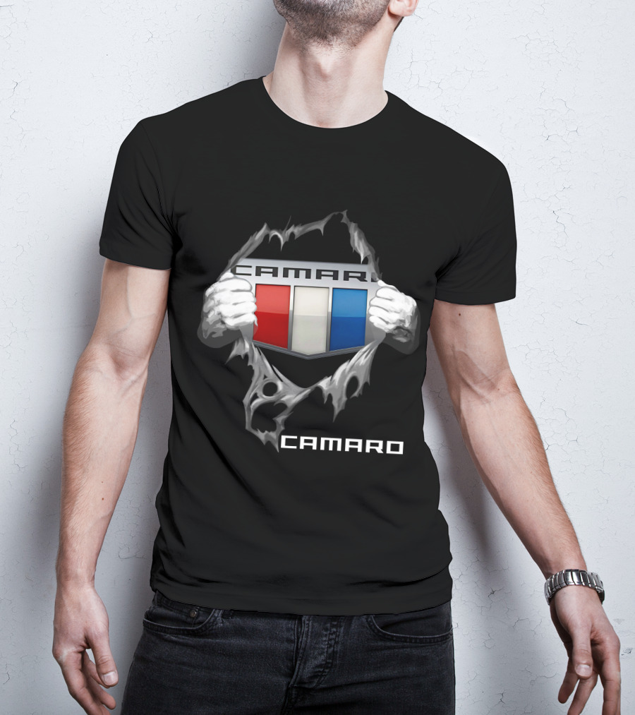Camaro Emblem With Red White Blue Stripes And Ripped Skin Effect T-Shirt