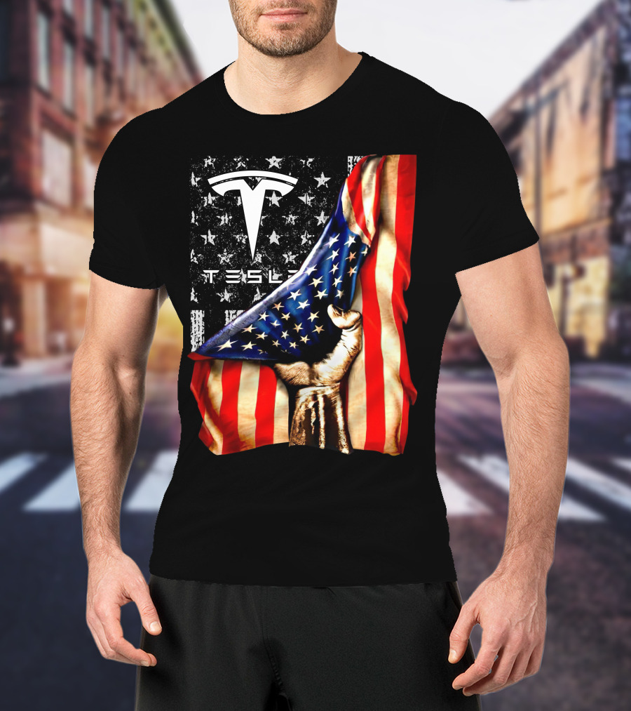 Tesla Logo American Flag Hand Folded Stars Stripes Vintage Style T-Shirt